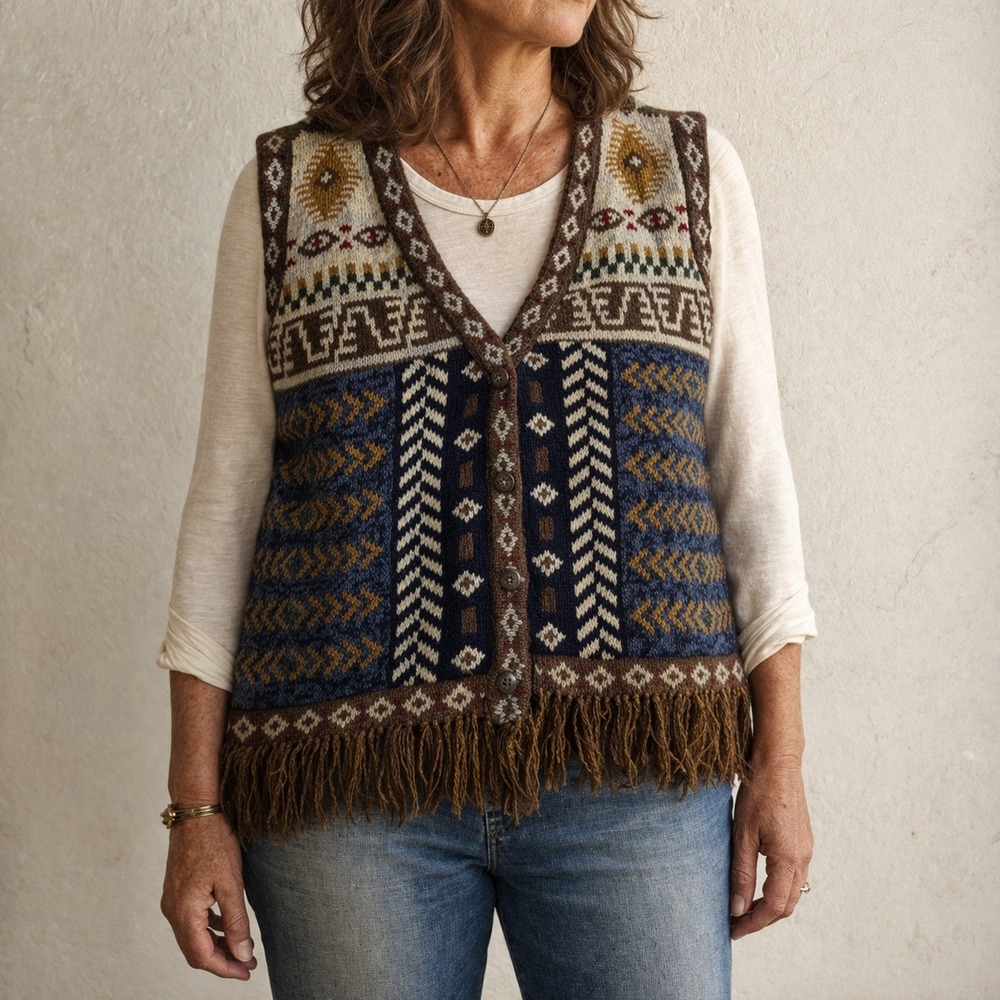 Petite Sophisticate Ramie Cotton Vest – M Blue Southwestern Fringe Vintage